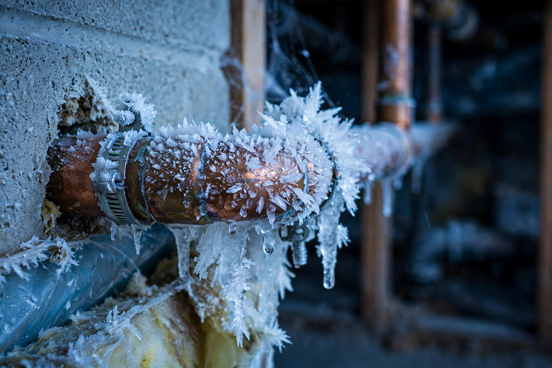 Frozen copper pipe covered in frost inside a South Jordan, UT basement